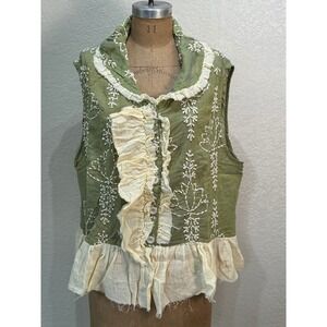 A Rare Bird Green Embroidered Ruffle Vest Top L/XL Sleeveless Artisan Boho NWT